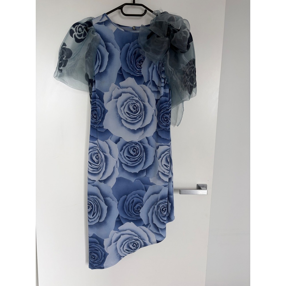 Swing‎ Blue Rose Floral Organza Puff Sleeve Asymmetrical Shift Dress Size 42